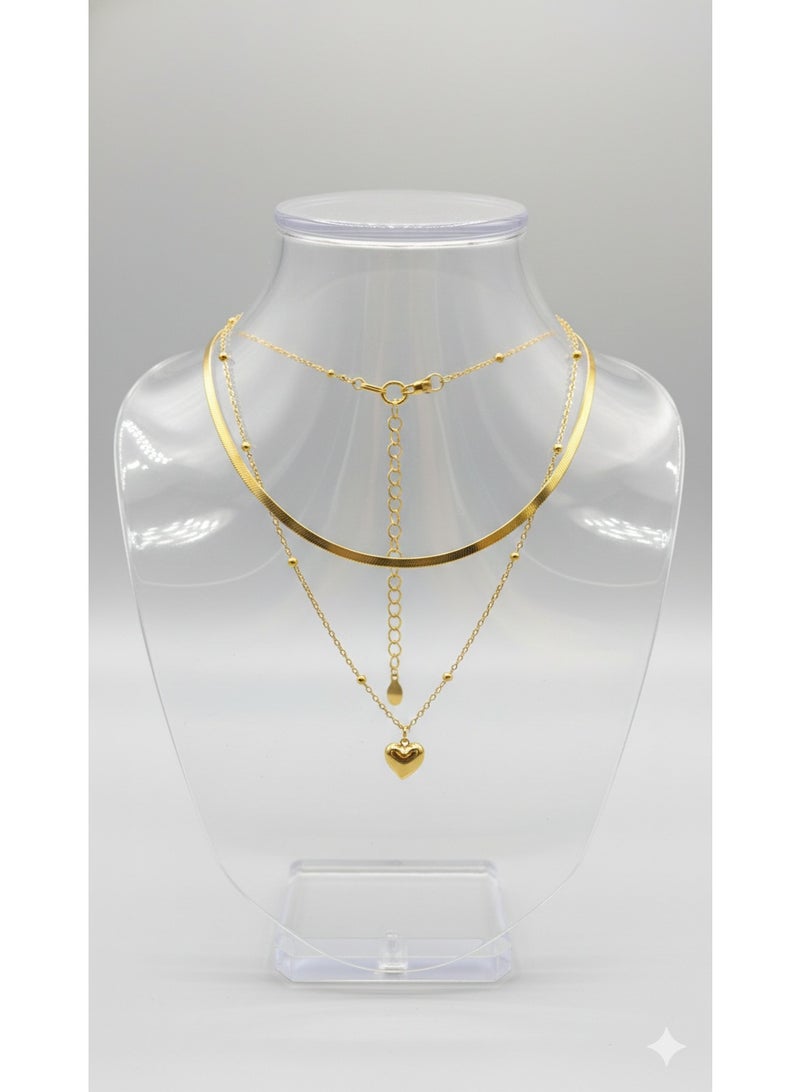 ورد قلادة "دبل لاير" ذهبية بقلادة قلب رقيقة - ستانلس ستيل عالي الجودة - اكسسوار عصري للنساء. - Image 1